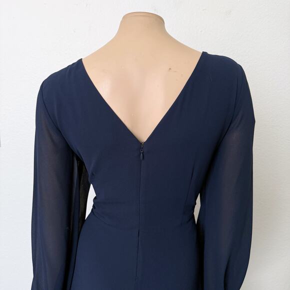 [Marina] Navy Blue Chiffon V-Neck Faux Wrap Brooch Balloon Sleeve Midi Dress 12 - Picture 4 of 11